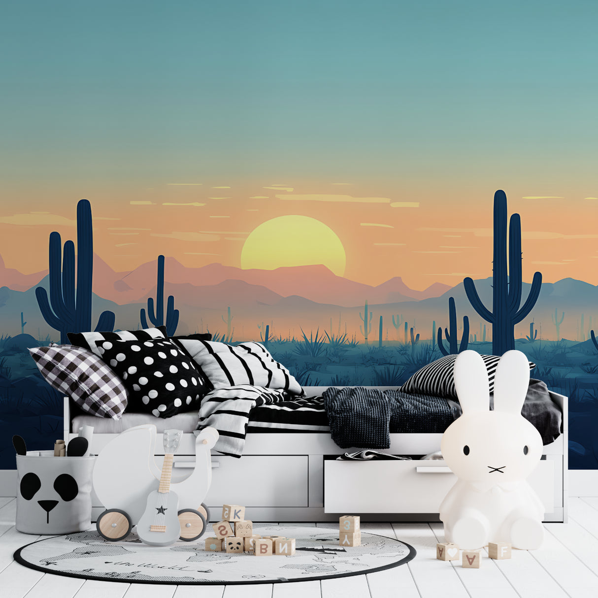 Desert wall mural bringing warmth to a dining room with sunset hues