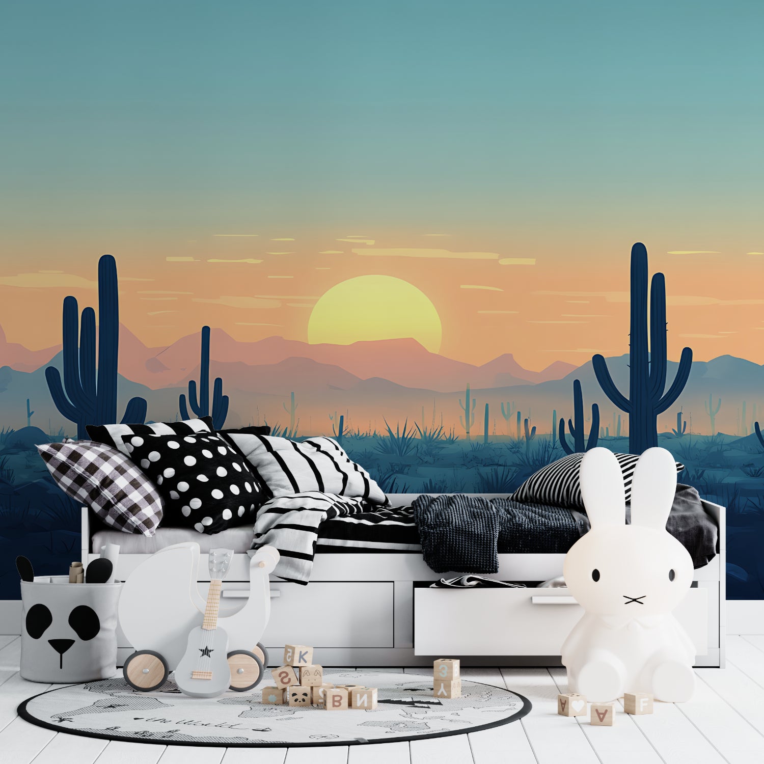 Desert wall mural bringing warmth to a dining room with sunset hues