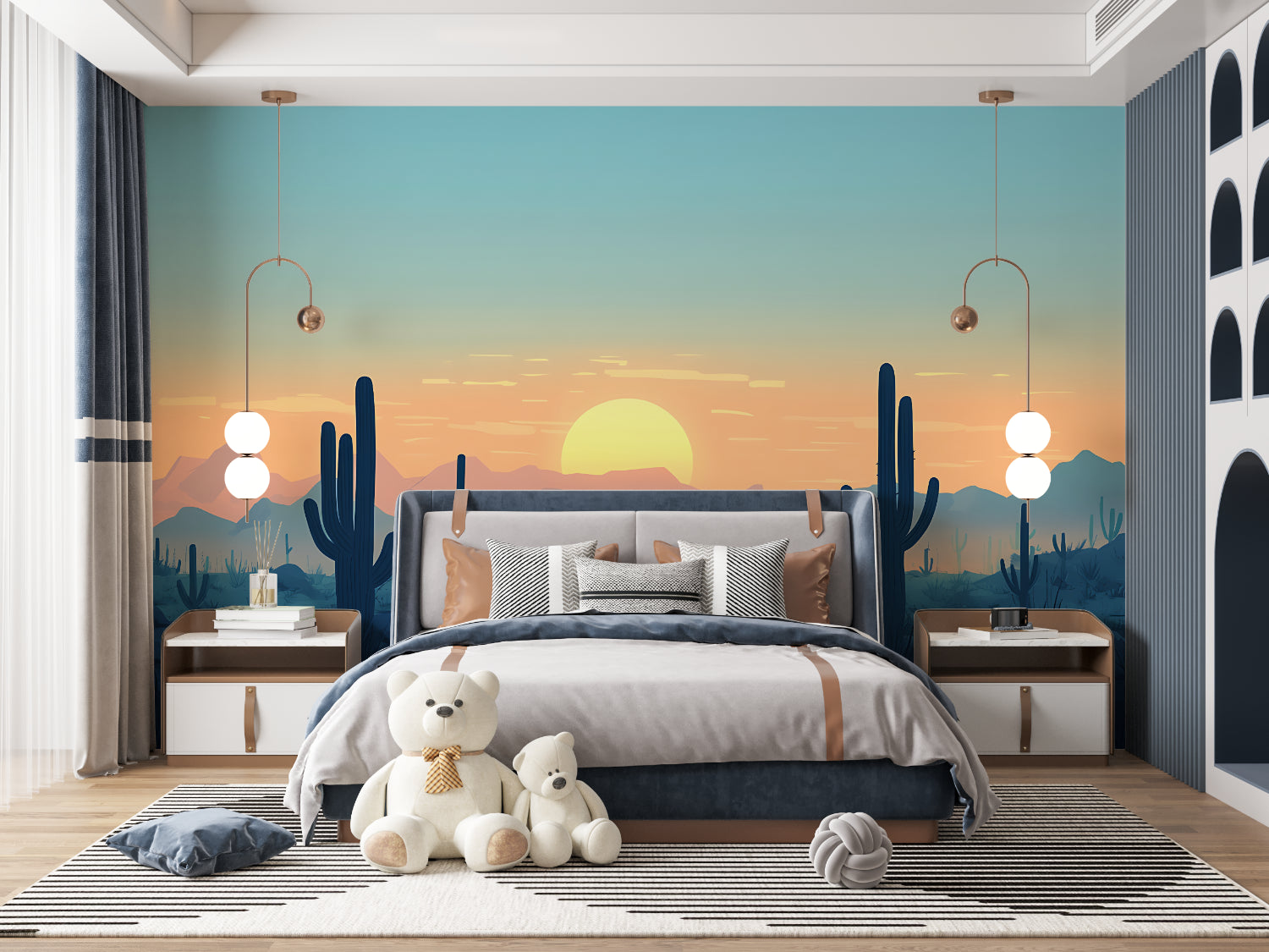 Southwestern desert wallpaper making a home office feel open and inspiring