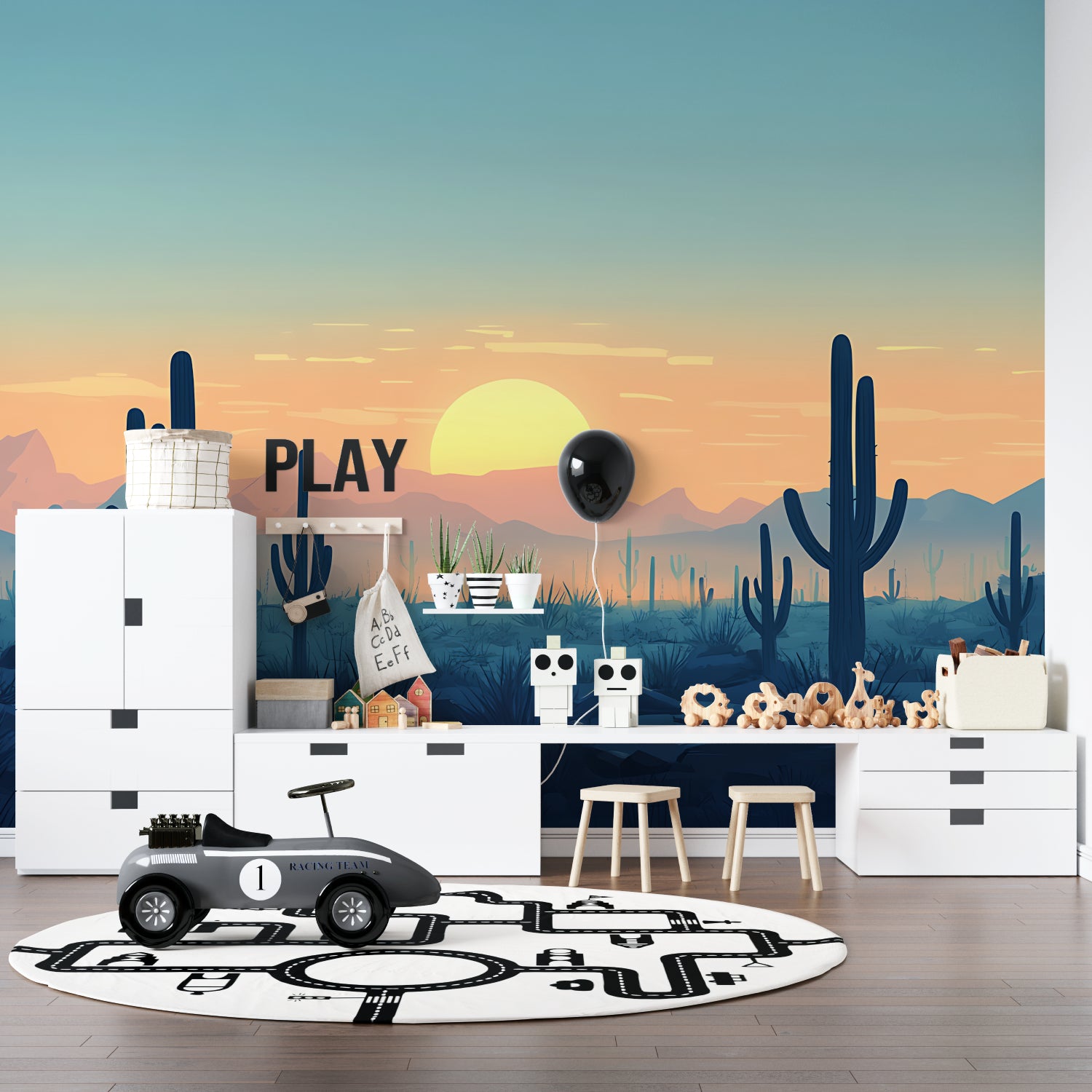 Desert landscape mural creating depth in a cozy reading nook
