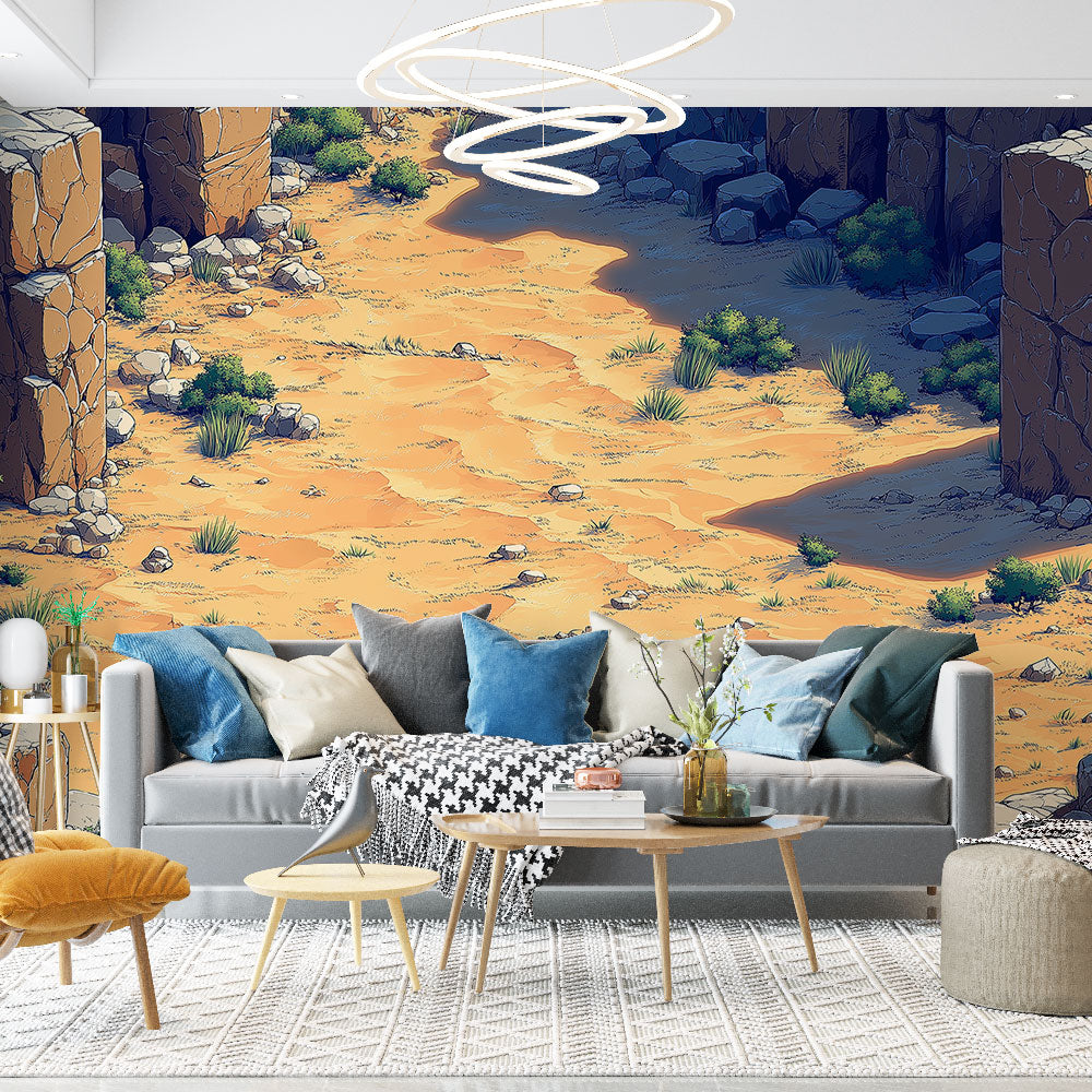 Desert canyon wall mural creating depth in a modern living room with natural furniture and earth-toned decor