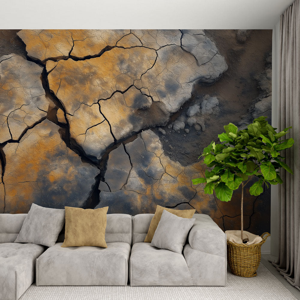 Desert texture wallpaper creating dramatic impact in a modern living room with minimal furniture