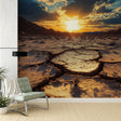 Desert sunset wallpaper mural creating warm ambiance in modern living room with minimal furniture
