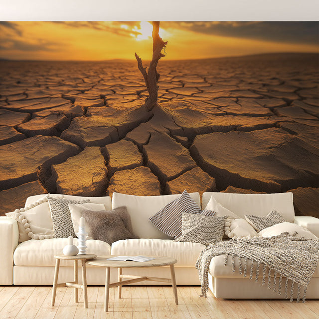 Desert landscape wallpaper creating a warm atmosphere in a modern living room with minimal furniture