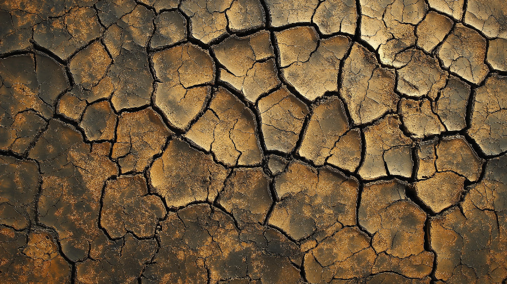 Desert cracked earth wallpaper in modern living room, golden abstract pattern creating dramatic atmosphere