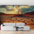 Desert landscape wallpaper creating depth in modern living room, warm sunset tones complement contemporary furniture