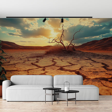 Desert landscape wallpaper creating depth in modern living room, warm sunset tones complement contemporary furniture