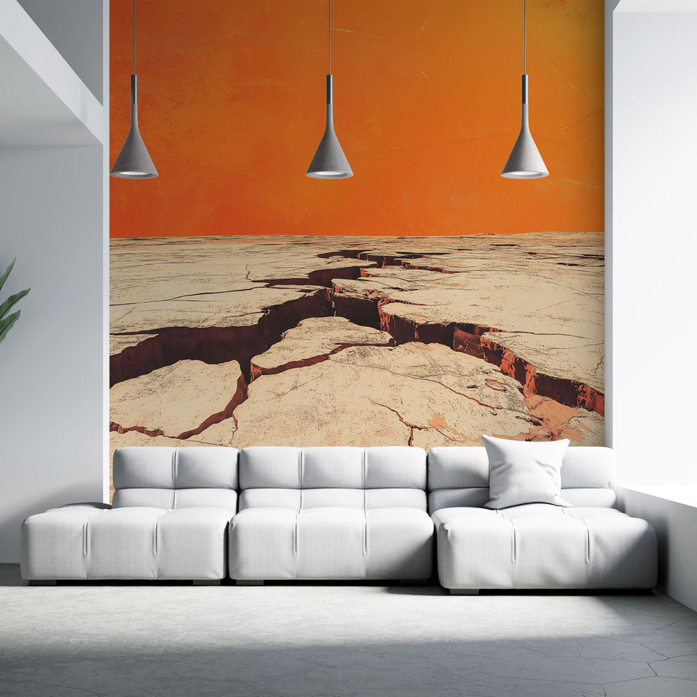 Desert landscape wallpaper with cracked earth pattern creating depth in a modern minimalist living room