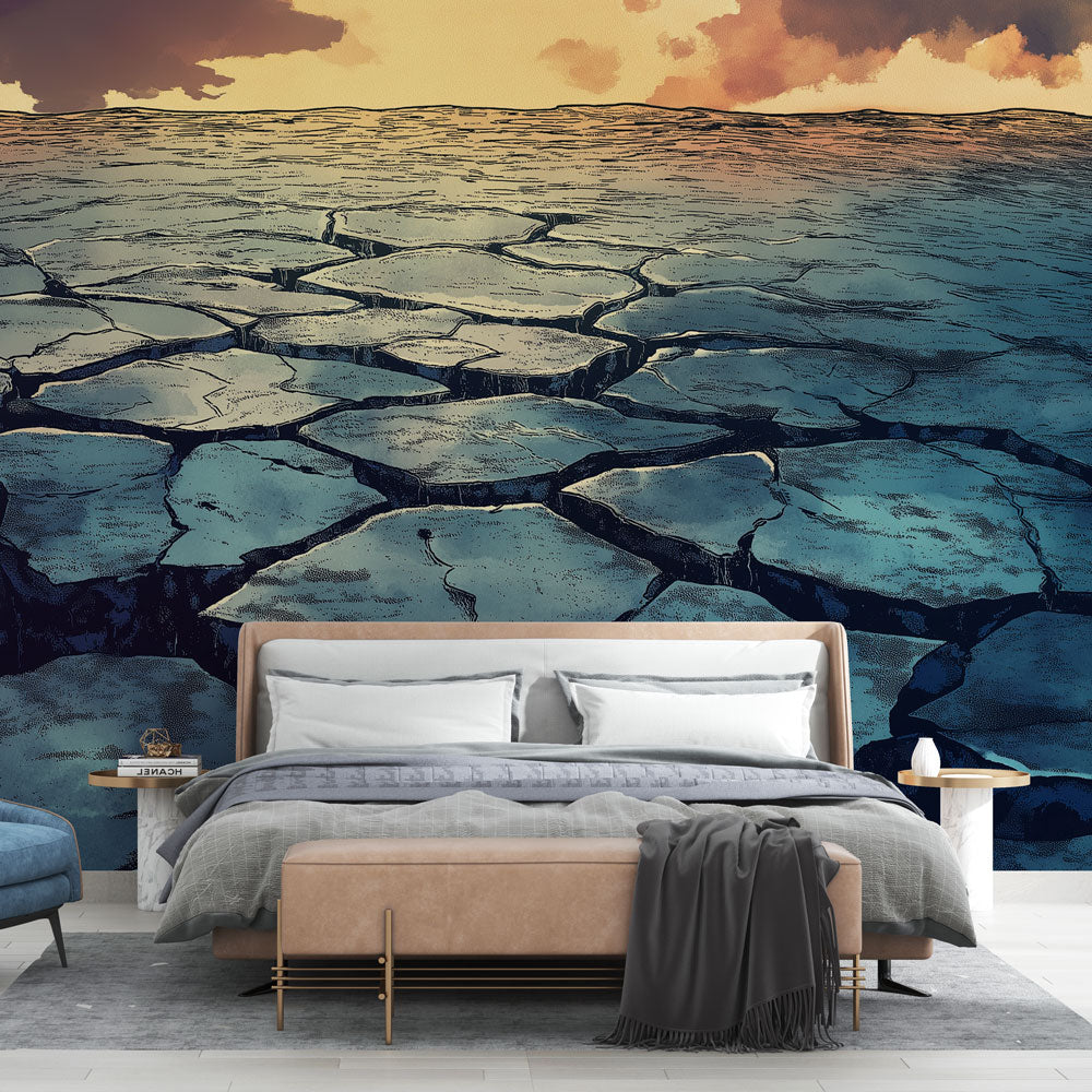 Desert landscape wallpaper creating depth in a modern living room, warm sunset tones complement contemporary furniture