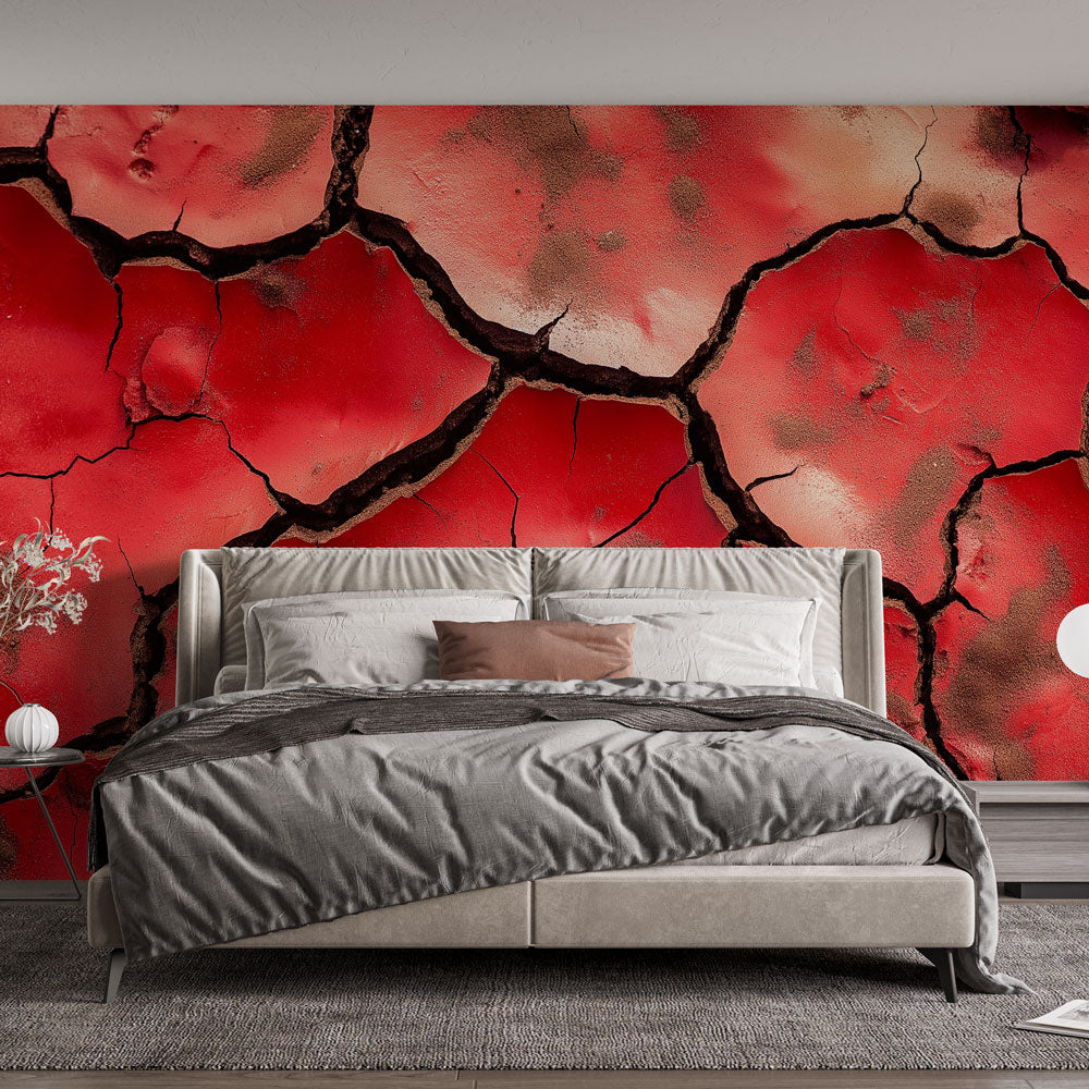 Desert landscape wallpaper creating dramatic impact in modern living room with red earth tones and natural light