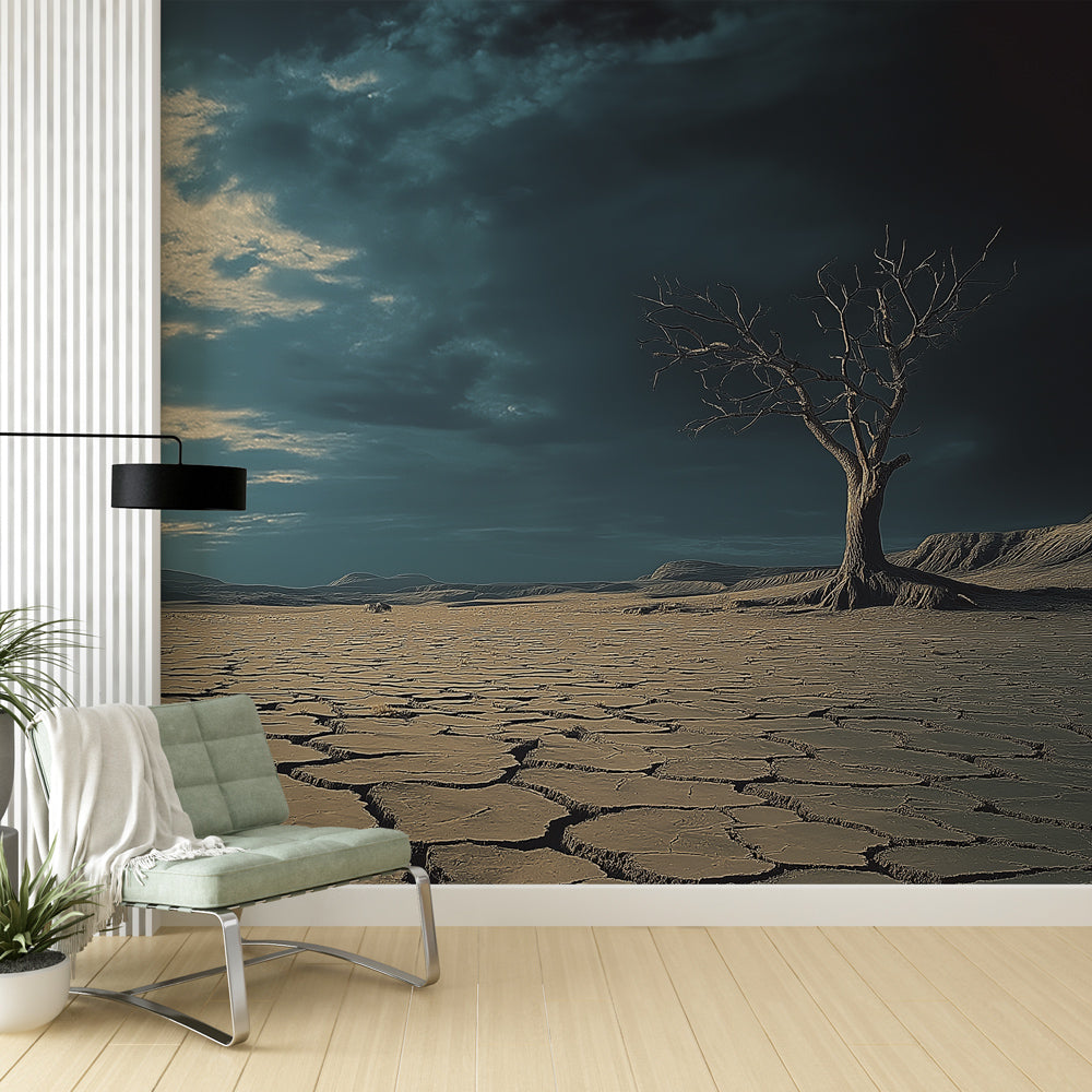 Desert landscape wallpaper creating dramatic atmosphere in modern living room with minimal furniture