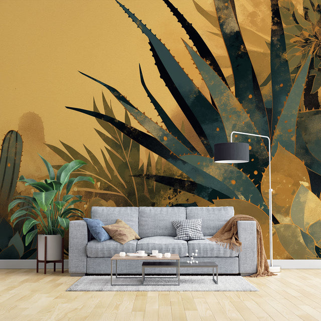Desert Mural Wallpaper with golden cactus design styled in a modern living room with minimal furniture