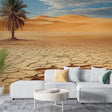 Desert mural wallpaper showcased in a modern living room, golden dunes and palm tree creating a calming atmosphere