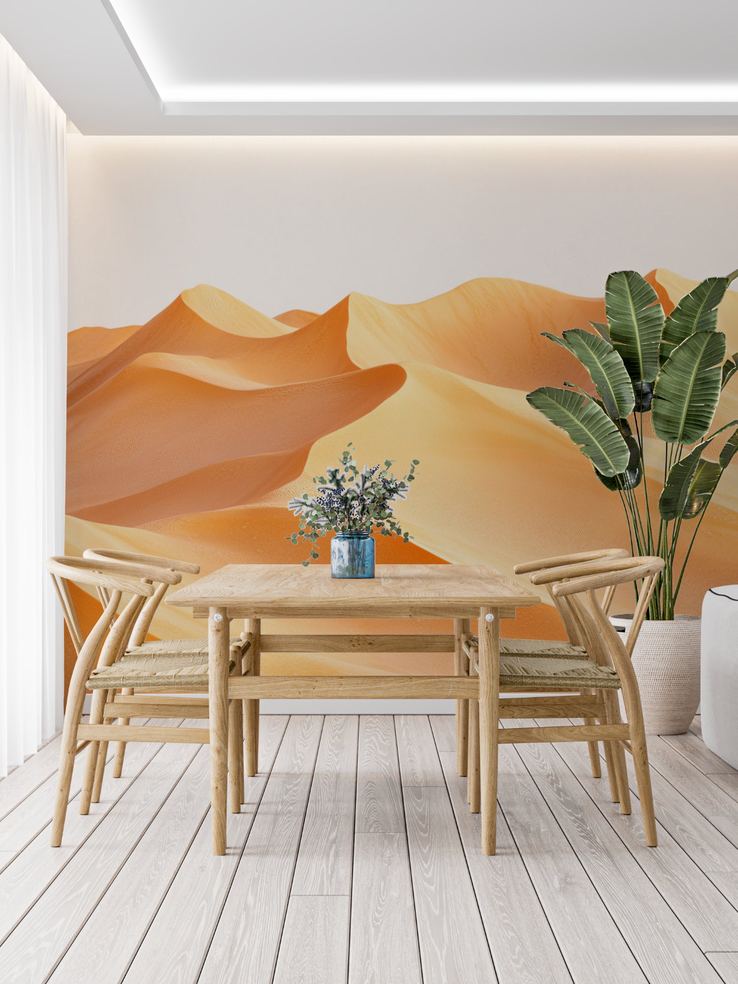 Sand dunes wall mural in minimalist bedroom showing golden tones