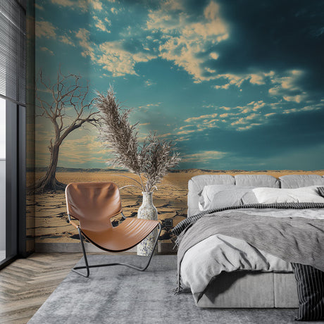 Desert landscape wallpaper shown in a modern minimalist living room, creating a peaceful atmosphere with golden earth tones