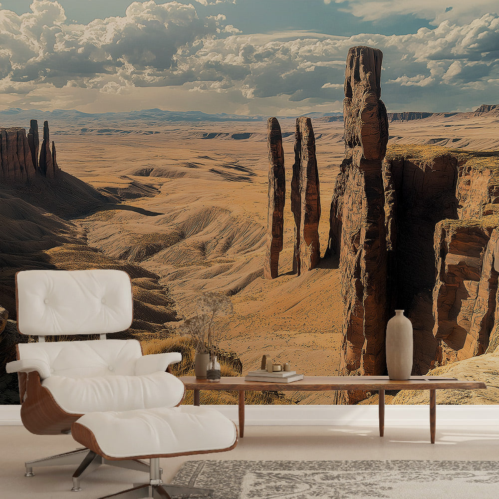 Desert canyon wallpaper mural creating depth in a modern living room with minimal furniture and natural light