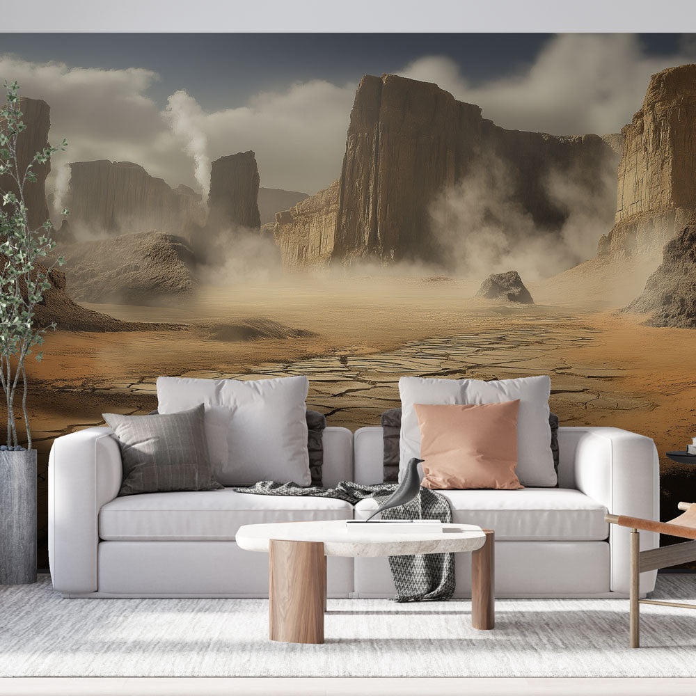 Desert Canyon Mural Wallpaper creating depth in a modern minimalist living room with natural light