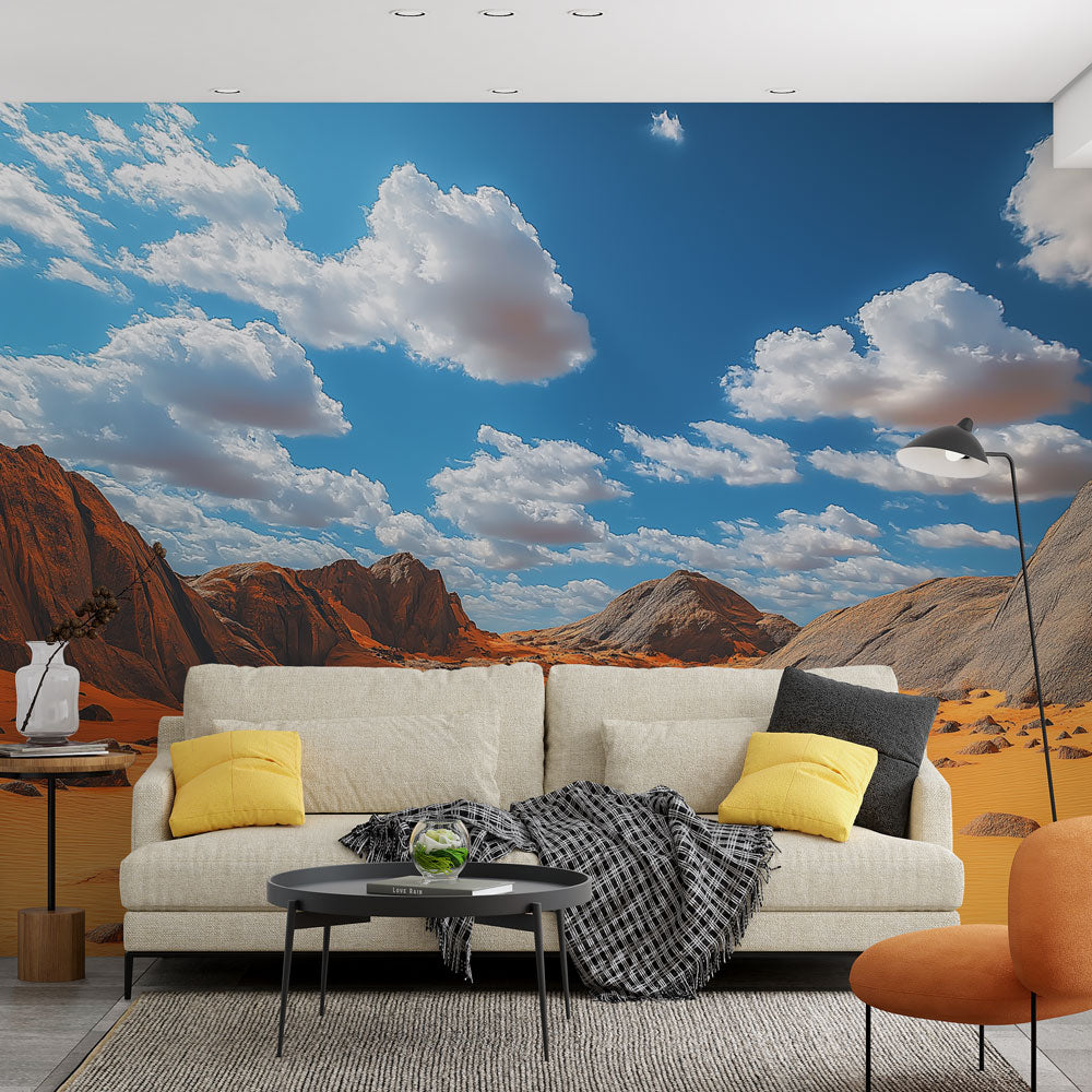 Desert landscape mural wallpaper in modern living room showing golden sand dunes and mountains
