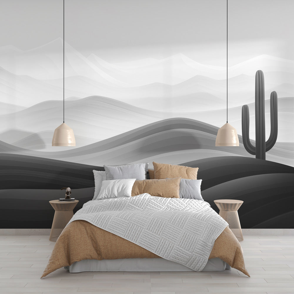 Desert landscape wallpaper creating a serene atmosphere in a modern living room with minimal furniture