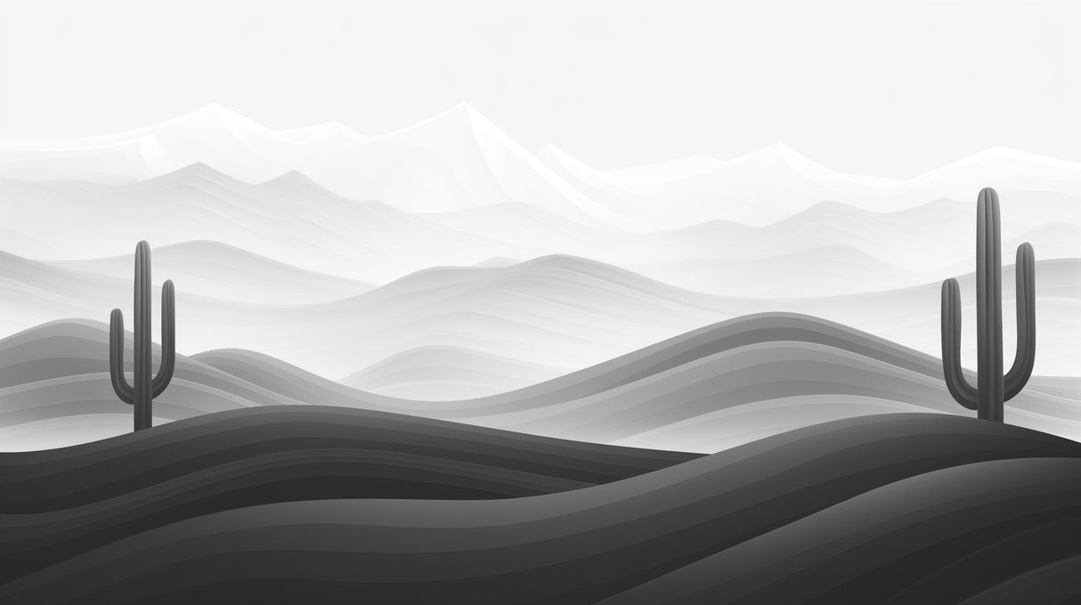 Minimalist desert wallpaper design file showing black and white cactus silhouettes against misty mountains