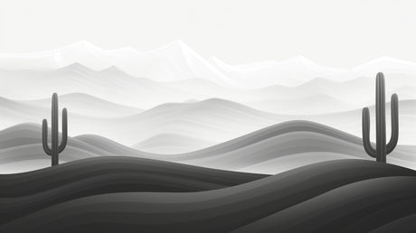 Minimalist desert wallpaper design file showing black and white cactus silhouettes against misty mountains