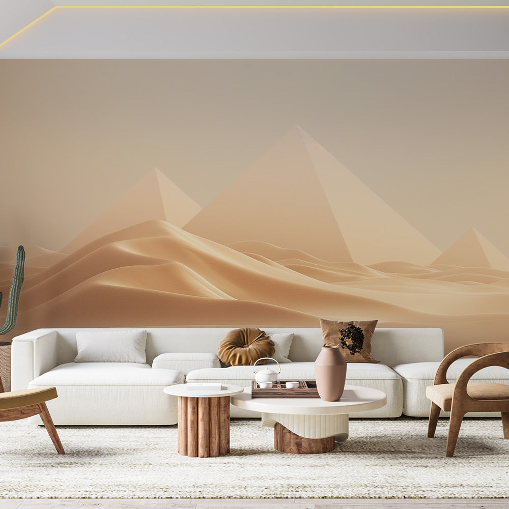 Desert landscape wallpaper with Egyptian pyramids creating a calm atmosphere in a modern living room with natural light