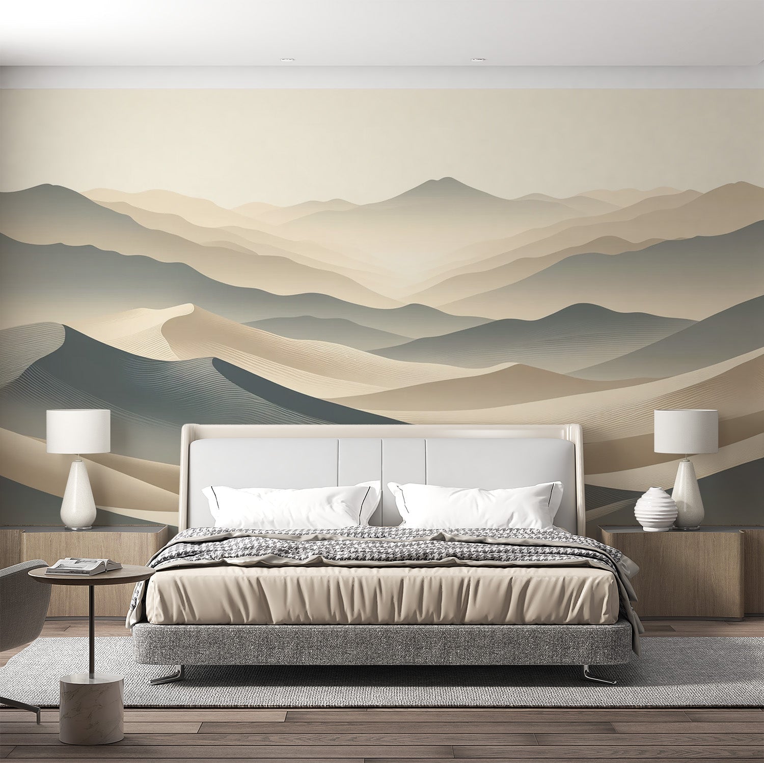 Desert Sand Dunes Mural Wallpaper creating a calming atmosphere in a modern minimalist living room with natural light