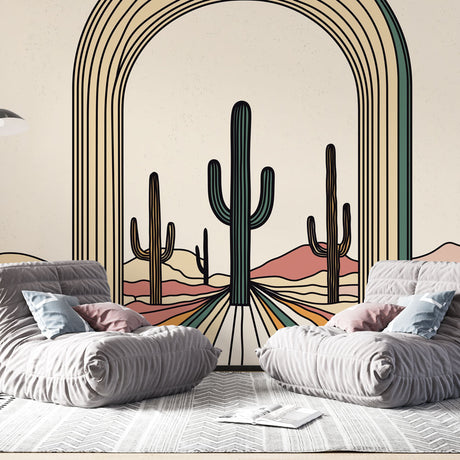 Modern Desert Arch Cactus Wallpaper styled in a bright minimalist living room with clean furniture and natural light