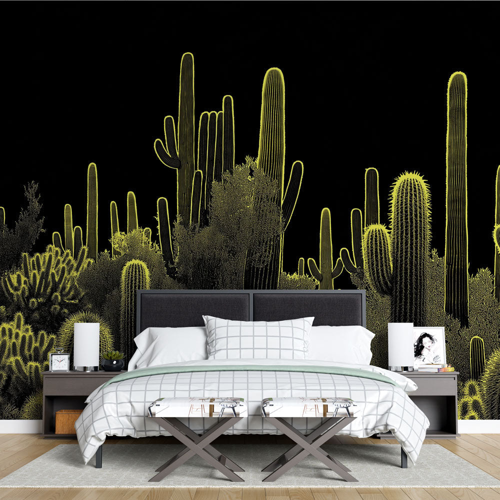 Modern living room with glowing desert cactus wallpaper creating dramatic night effect on feature wall