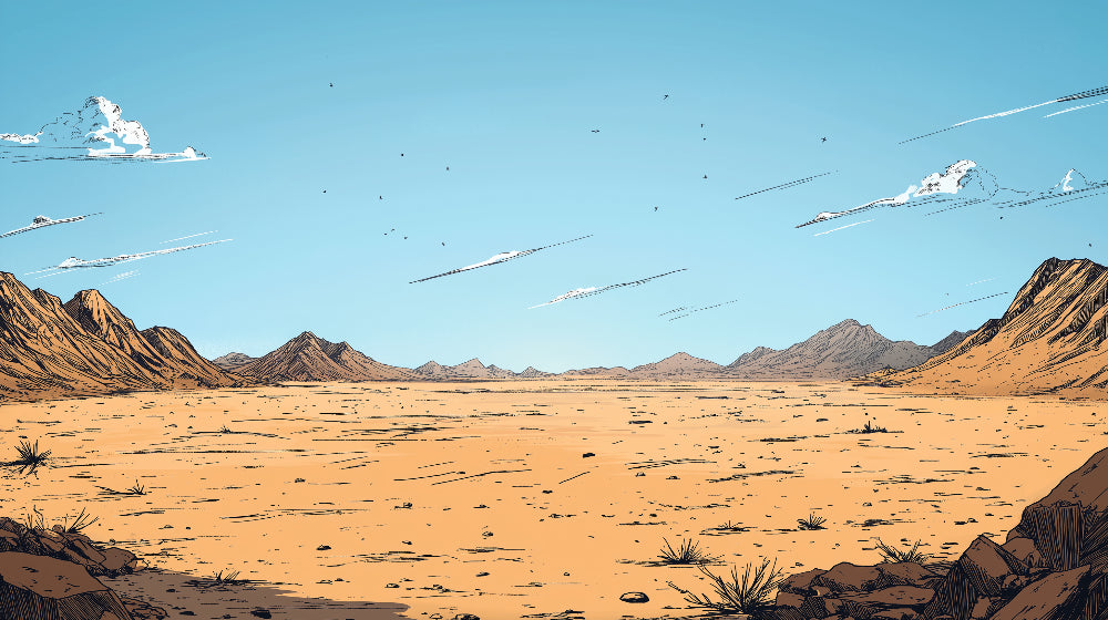 Desert mountain landscape design file showing detailed panoramic vista with golden sands and blue sky