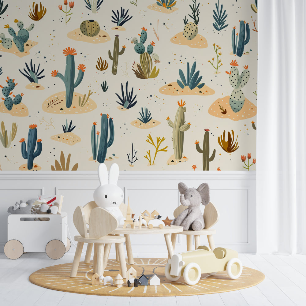 Desert Cactus Wallpaper bringing charm to a bright nursery with natural light and wooden furniture