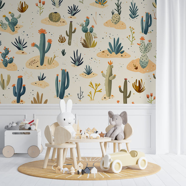 Desert Cactus Wallpaper bringing charm to a bright nursery with natural light and wooden furniture