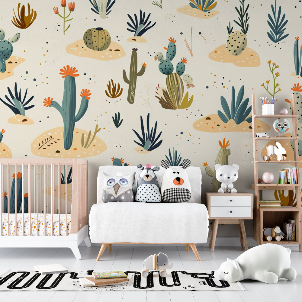 Playful Cactus Wallpaper creating a fun atmosphere in a modern kids bedroom with colorful accents