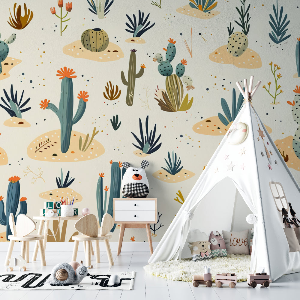 Desert Botanical Mural transforming a peaceful reading nook with soft cushions and warm lighting