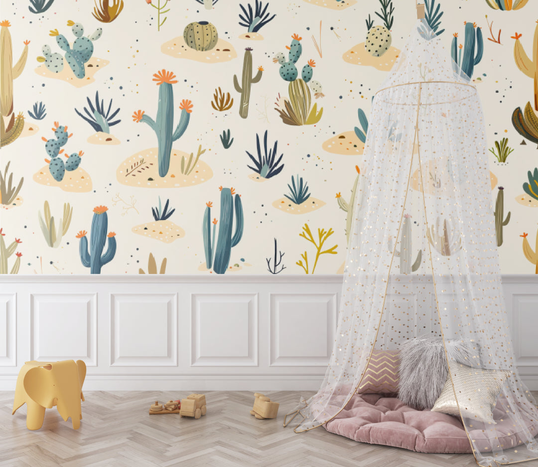 Succulent Pattern Wallpaper adding character to a playroom with educational toys and natural elements