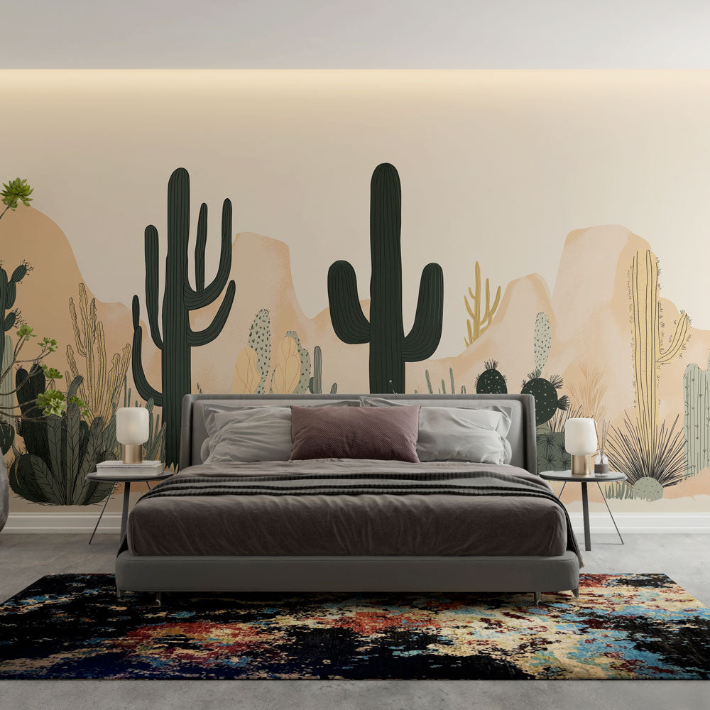 Desert landscape wallpaper with Saguaro cactus creating a calm atmosphere in a modern living room with natural light