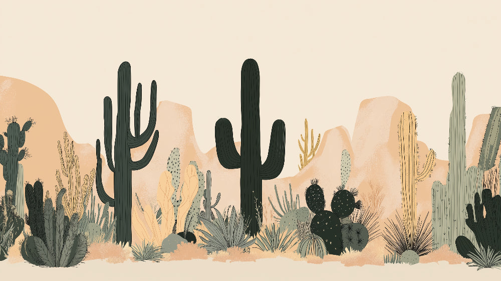 Desert landscape wallpaper design file showing detailed Saguaro cactus pattern and mountain backdrop