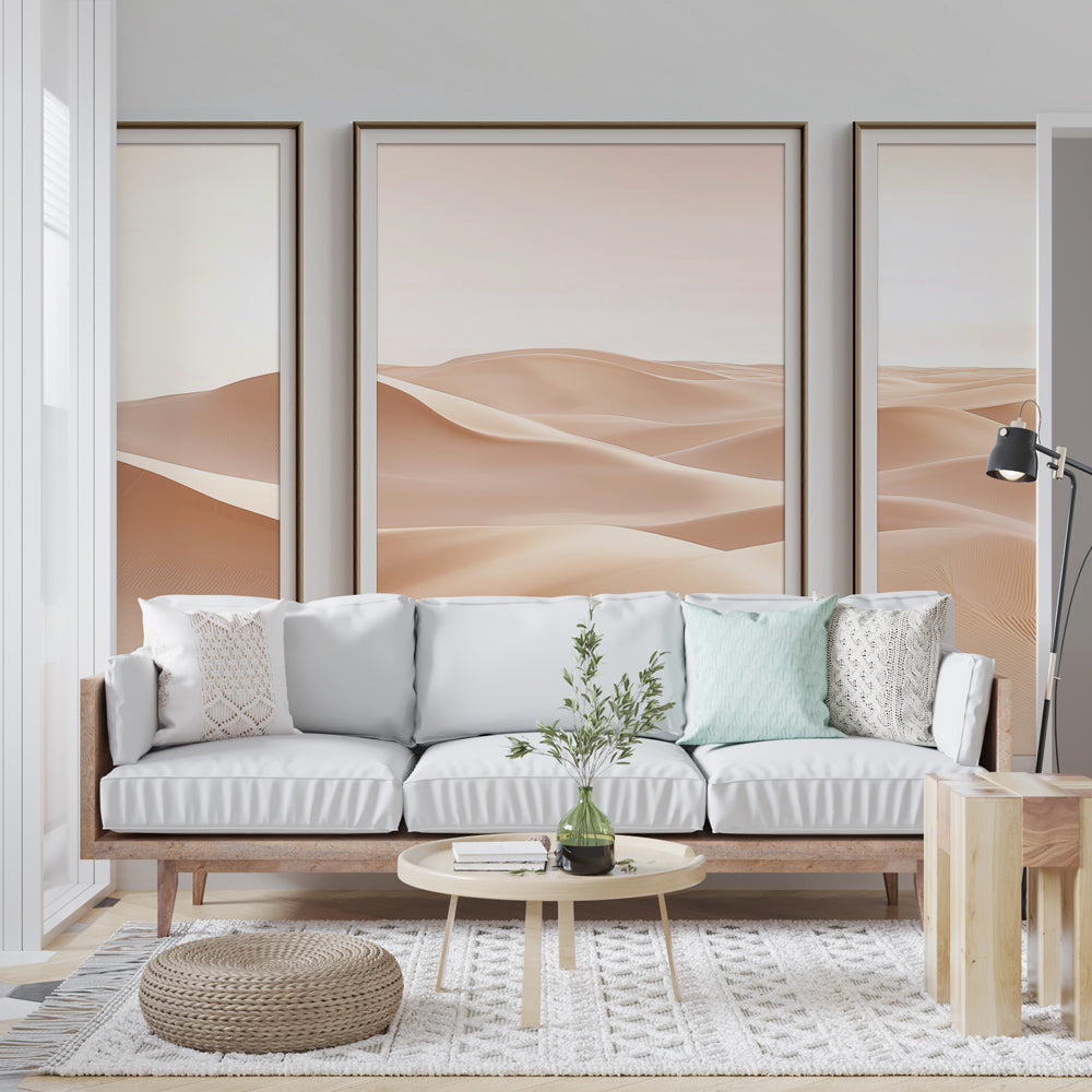 Desert sand dunes wallpaper mural shown in a modern minimal living room, creating a peaceful atmosphere