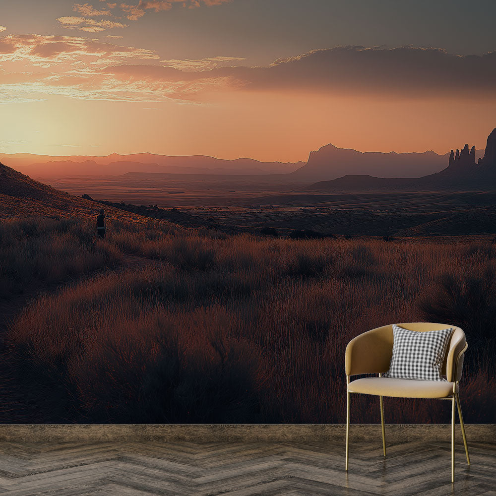 Desert landscape wallpaper creating a stunning focal point in a modern living room with minimal furniture