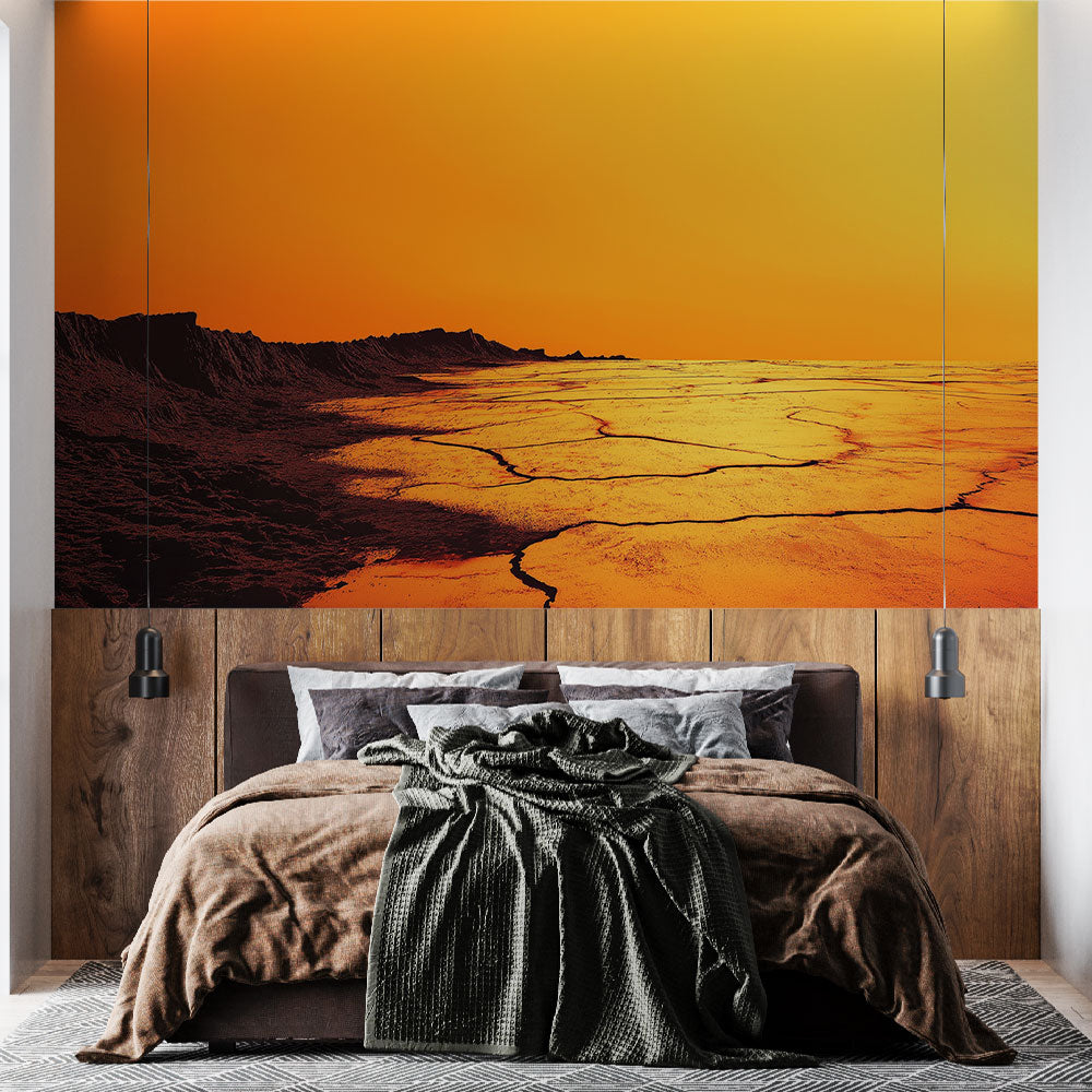 Desert landscape wallpaper with orange sunset creating warm ambiance in modern living room, dramatic cracked earth pattern adds depth
