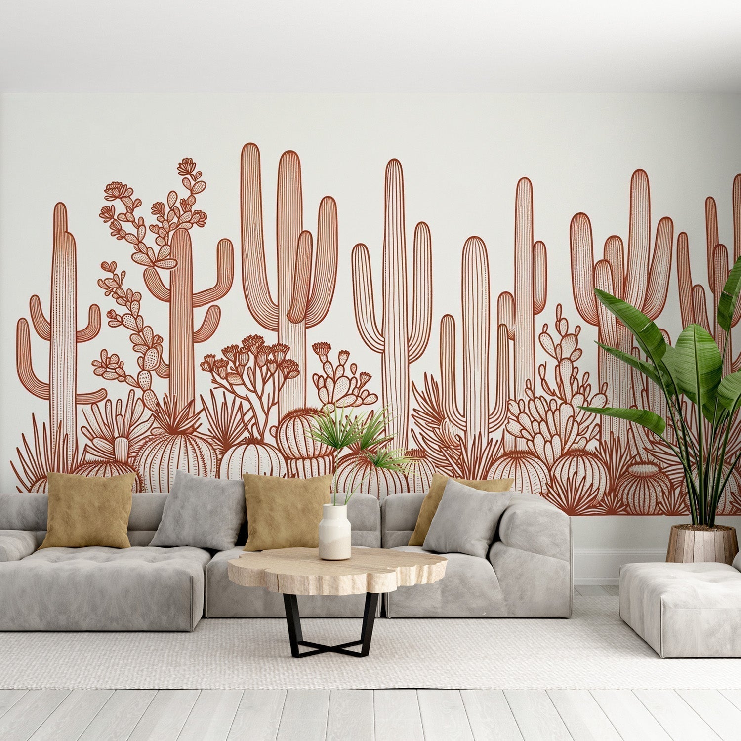 Desert Cactus Line Art Wallpaper creating a modern focal point in a bright, minimal living room with terracotta accents