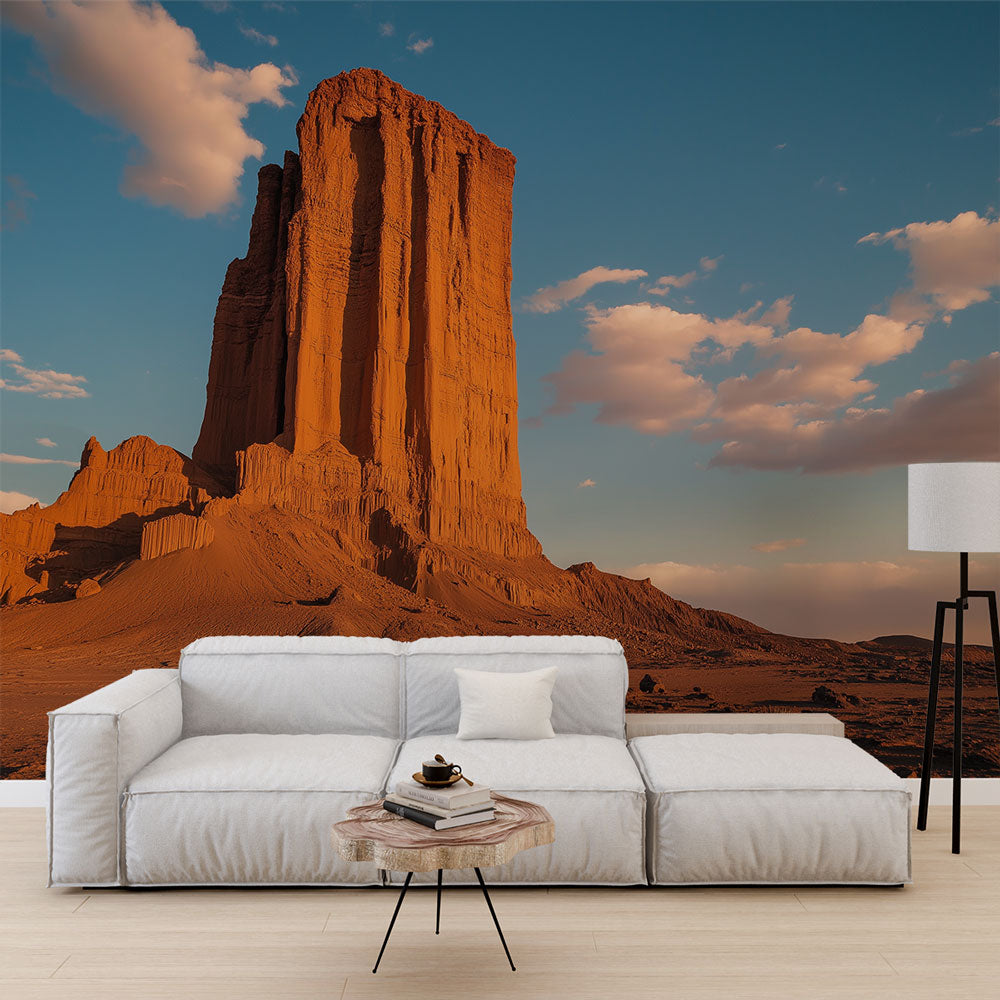 Desert landscape wallpaper creating depth in a modern living room, warm terracotta tones complementing contemporary furniture