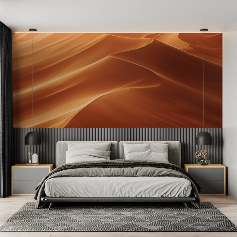 Terracotta sand dune wallpaper bringing warmth to a contemporary bedroom setting