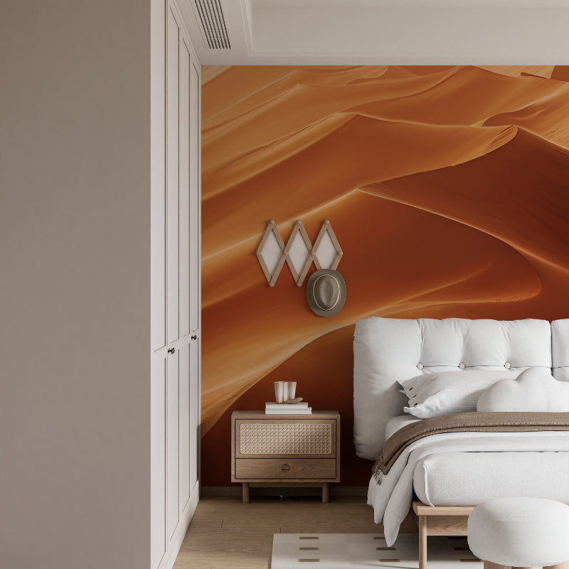 Desert wall mural adding depth to a dining room with natural terracotta tones