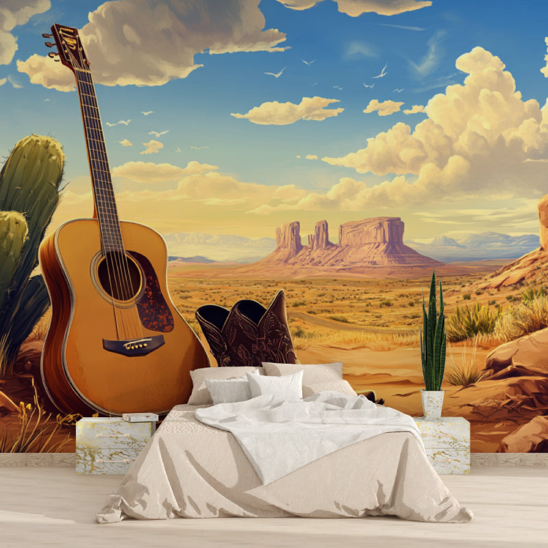Home studio transformed by western guitar mural wallpaper