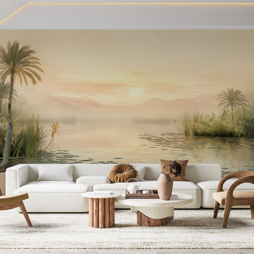 Desert oasis wallpaper creating a peaceful atmosphere in a modern living room with soft golden light and palm reflections