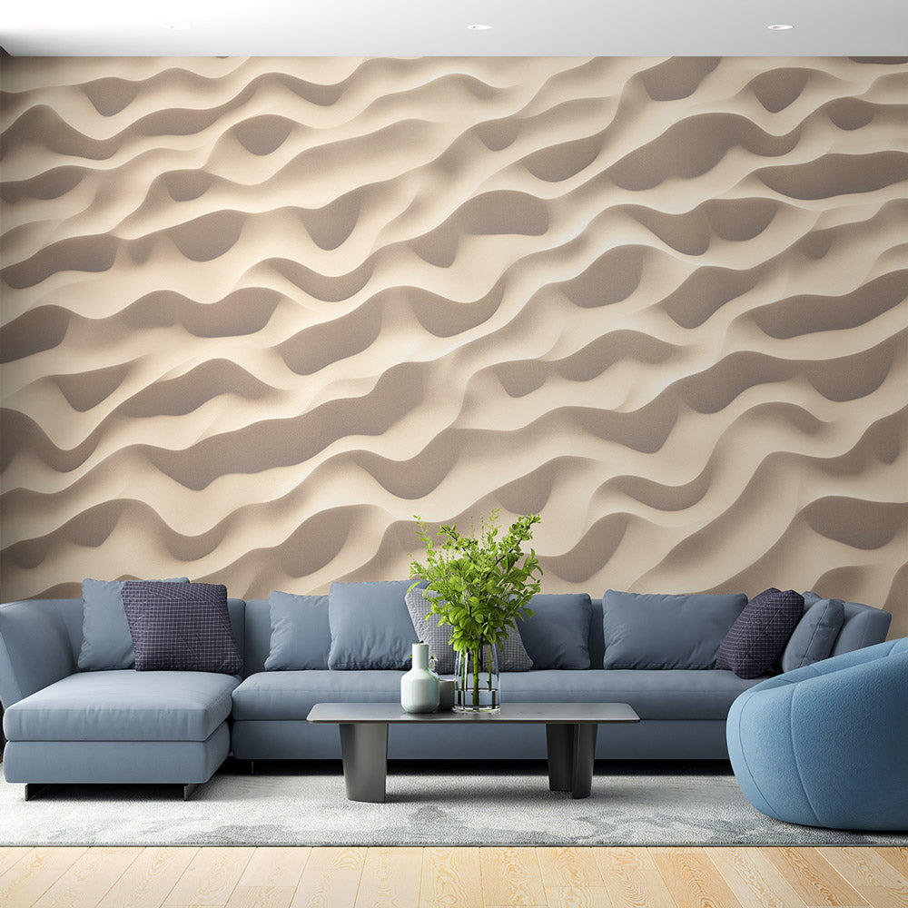 Desert Wave Mural Wallpaper creating depth in a modern minimalist living room with natural lighting