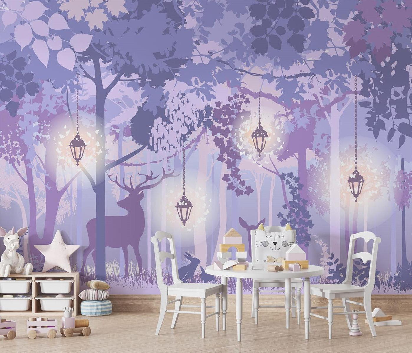 Papier Peint Mural Forêt | Bois Enchanté Violet Avec Lanternes