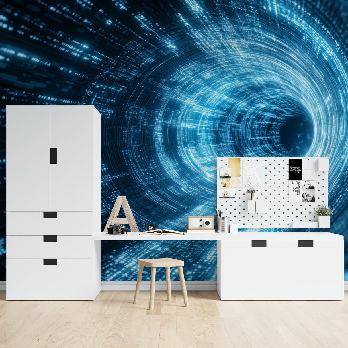 Digital vortex wallpaper in modern gaming room with blue tech lighting effects