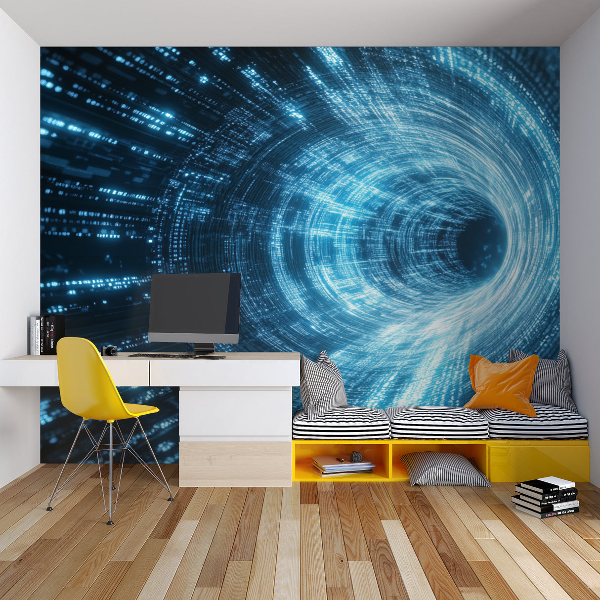 Tech portal wall mural in minimalist home office creating depth